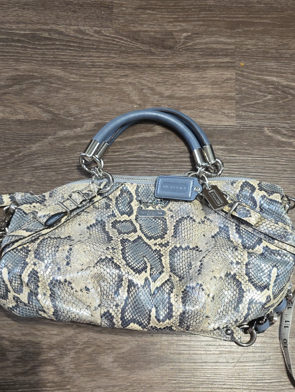 Coach Blue and Cream Snake-Print Leather Satchel with Silver Hardware